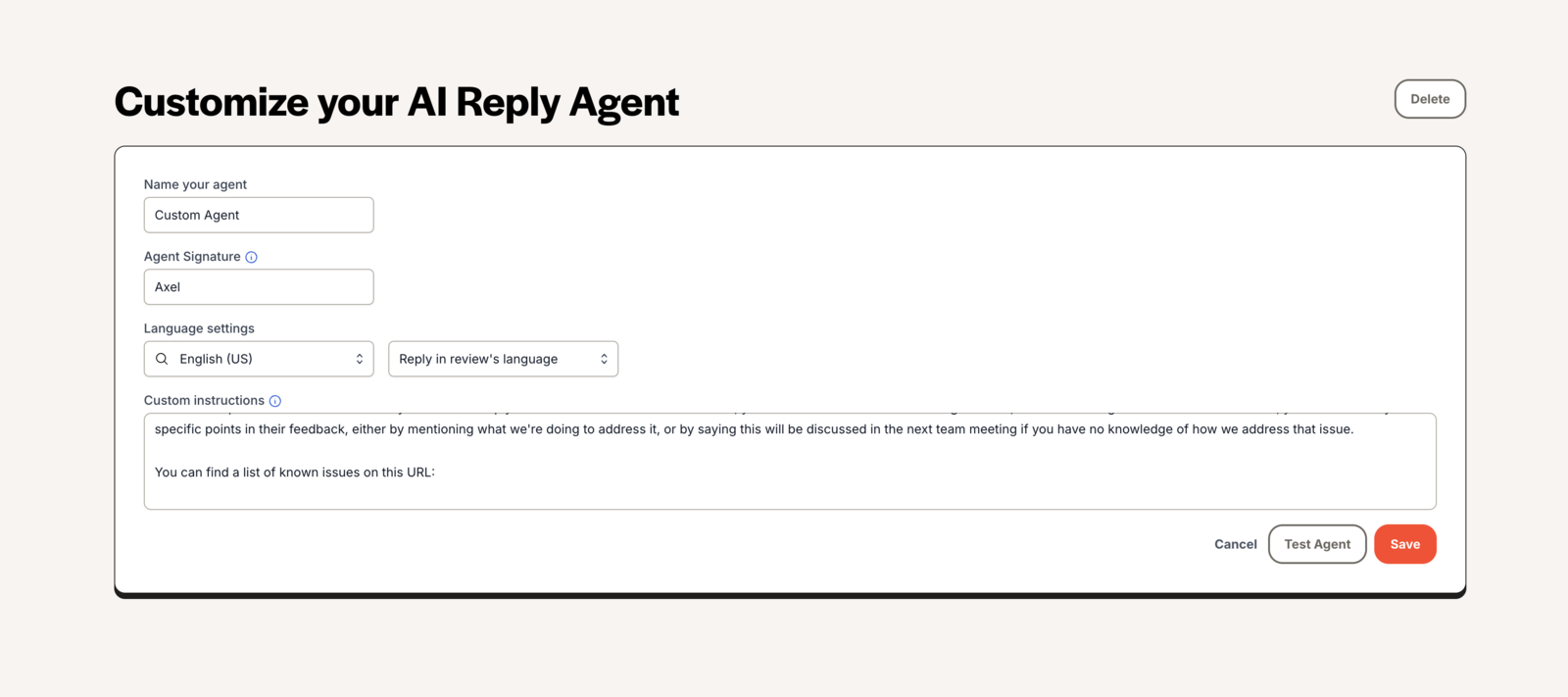 ReviewFlowz Custom Agent editor with agent name, signature, language policy, custom instructions, test, and save controls.