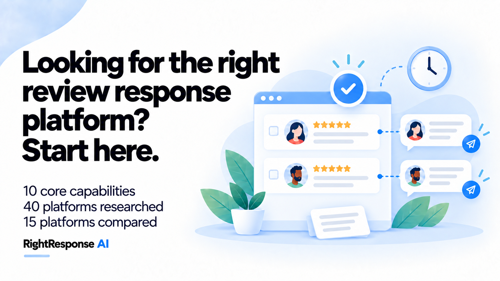Looking for the right review response platform? Start here. Ten core capabilities, 40 platforms researched and 15 platforms compared.