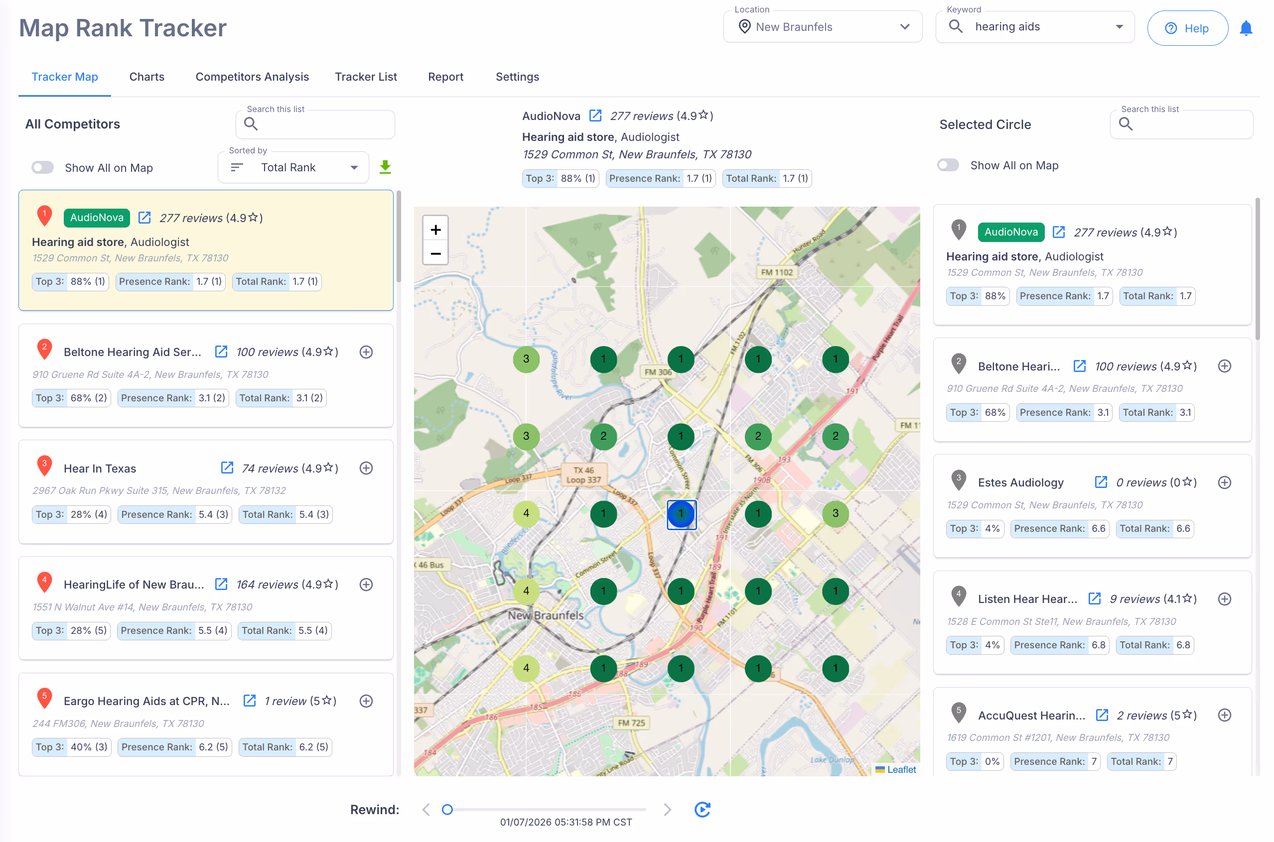 Screenshot of a Google Maps interface showing local competitor rankings and review data in a map view