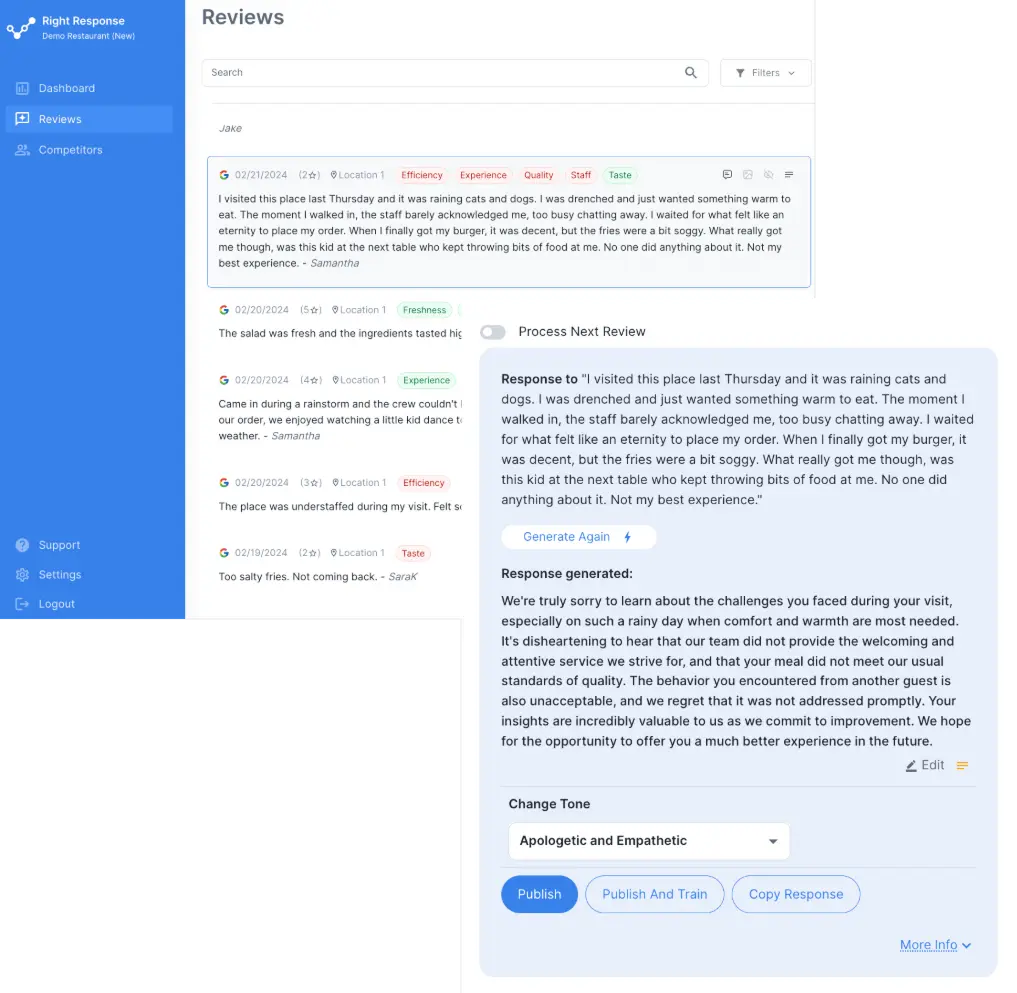 Screenshot of a review dashboard showing a personalized AI-generated review request interface