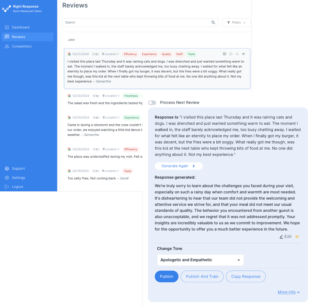 Screenshot of a review dashboard showing a personalized AI-generated review request interface
