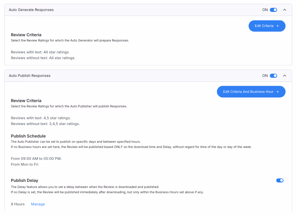 Screenshot of an auto-response setup panel for publishing AI-generated review replies with business rules