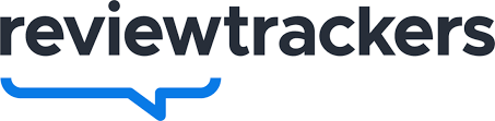 ReviewTrackers logo with a dark wordmark and blue speech-bubble underline.