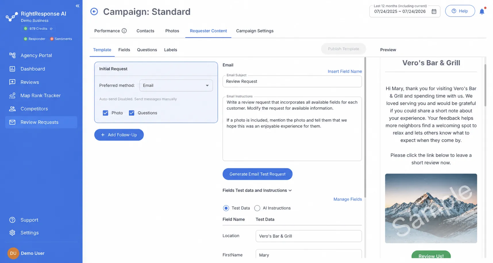 RightResponse AI review request campaign showing writing instructions, customer fields, and a personalized Google review request preview
