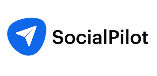 SocialPilot logo with a white paper plane in a blue circle and black wordmark