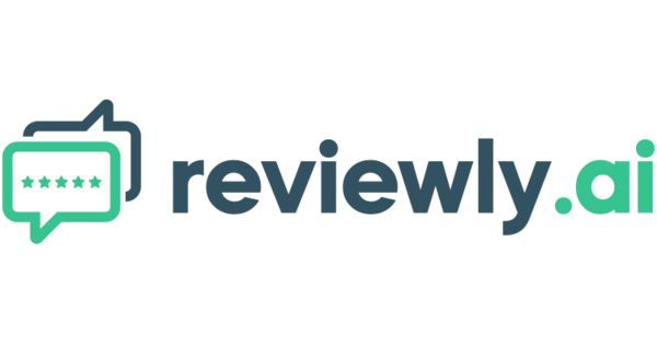 Reviewly.ai logo with review bubbles, five stars, and a teal and navy wordmark