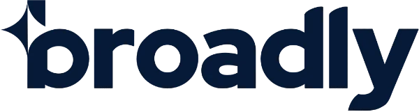 Broadly logo in dark blue with a sparkle symbol