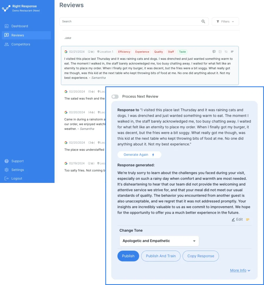 review response dashboard
