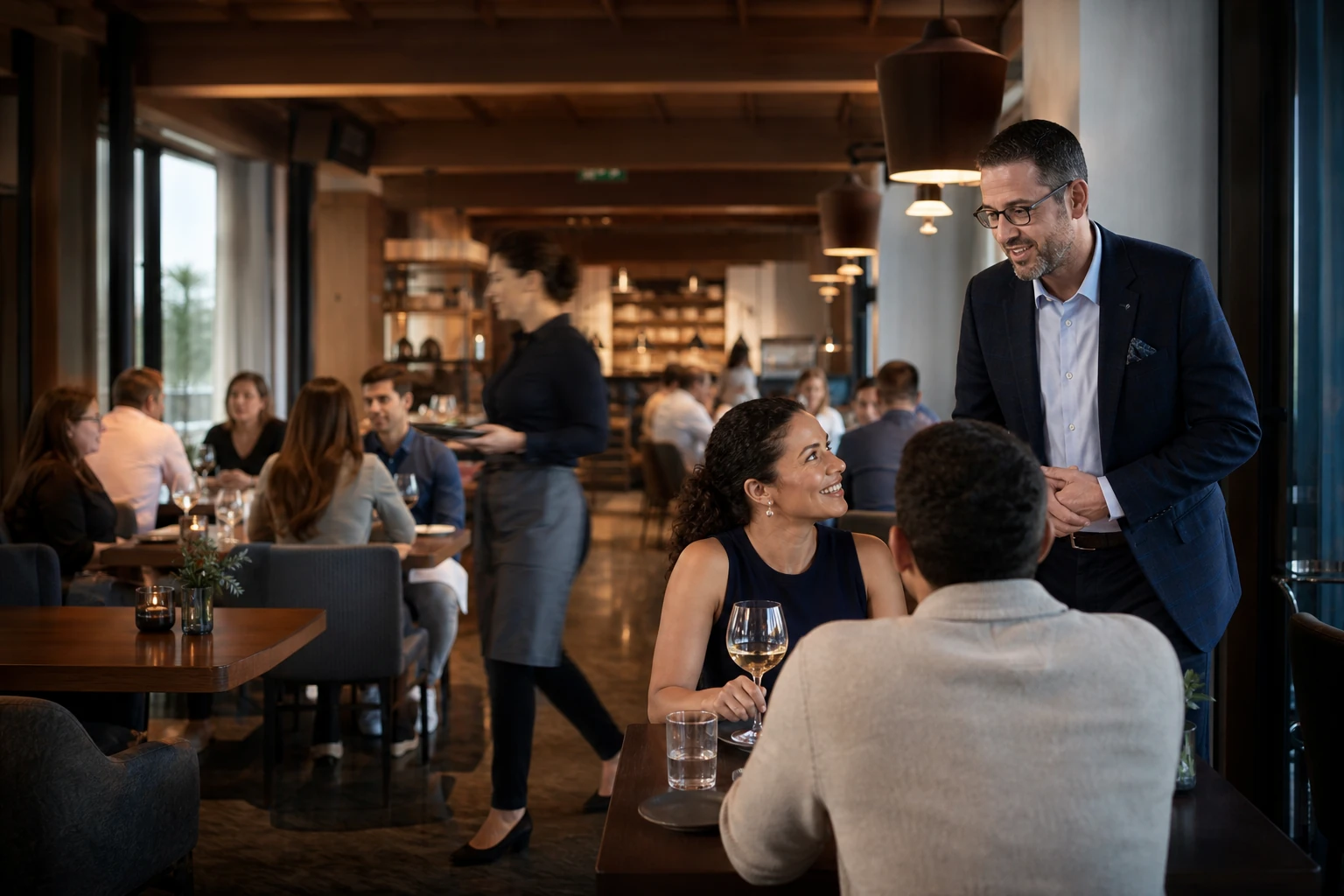 Restaurant general manager speaking with guests during dinner service
