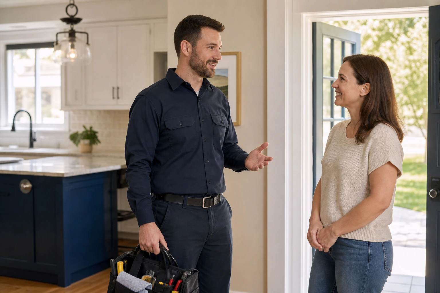 Home service technician explaining completed work to a homeowner