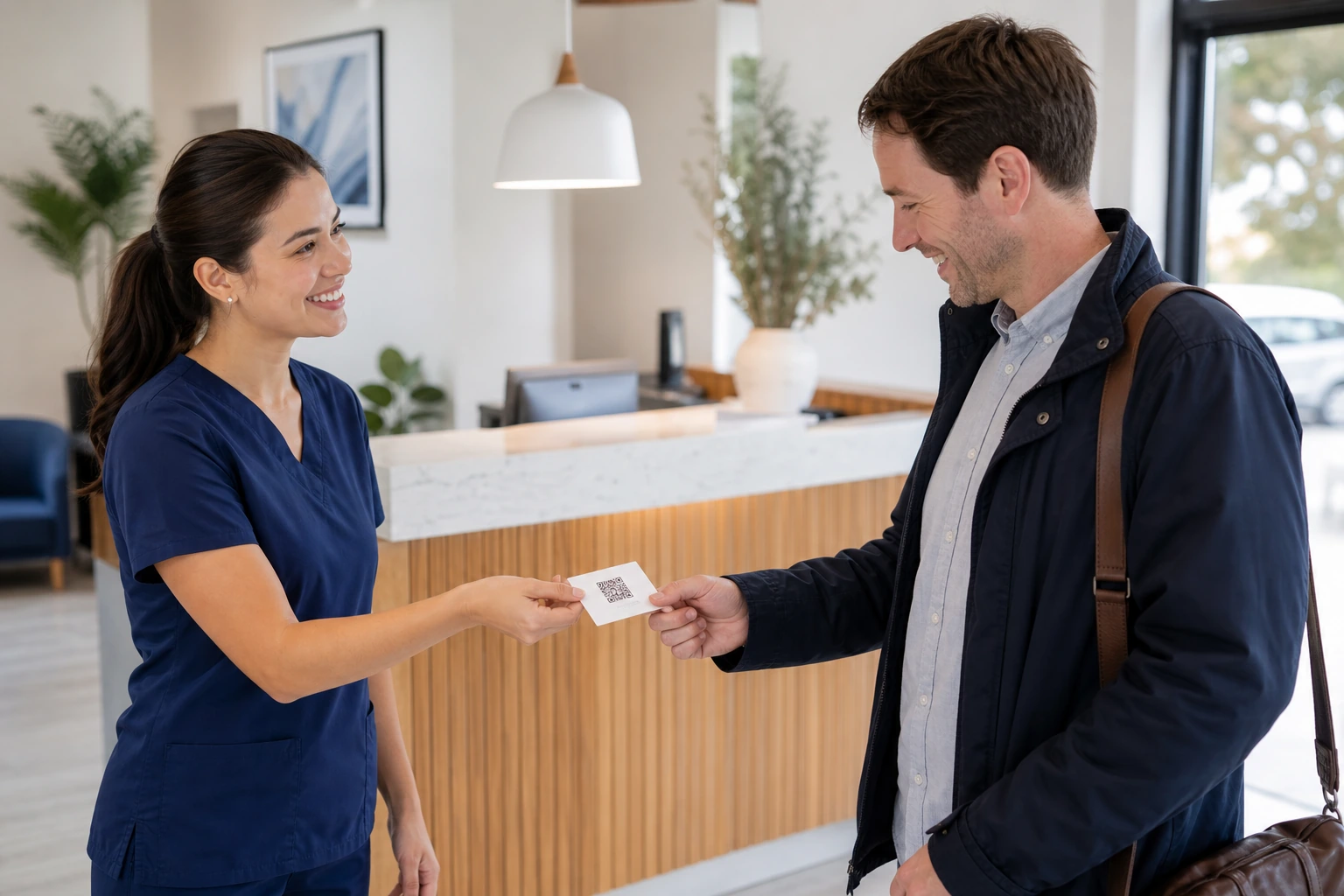 Dental practice team member offering a patient a review QR card after a completed appointment