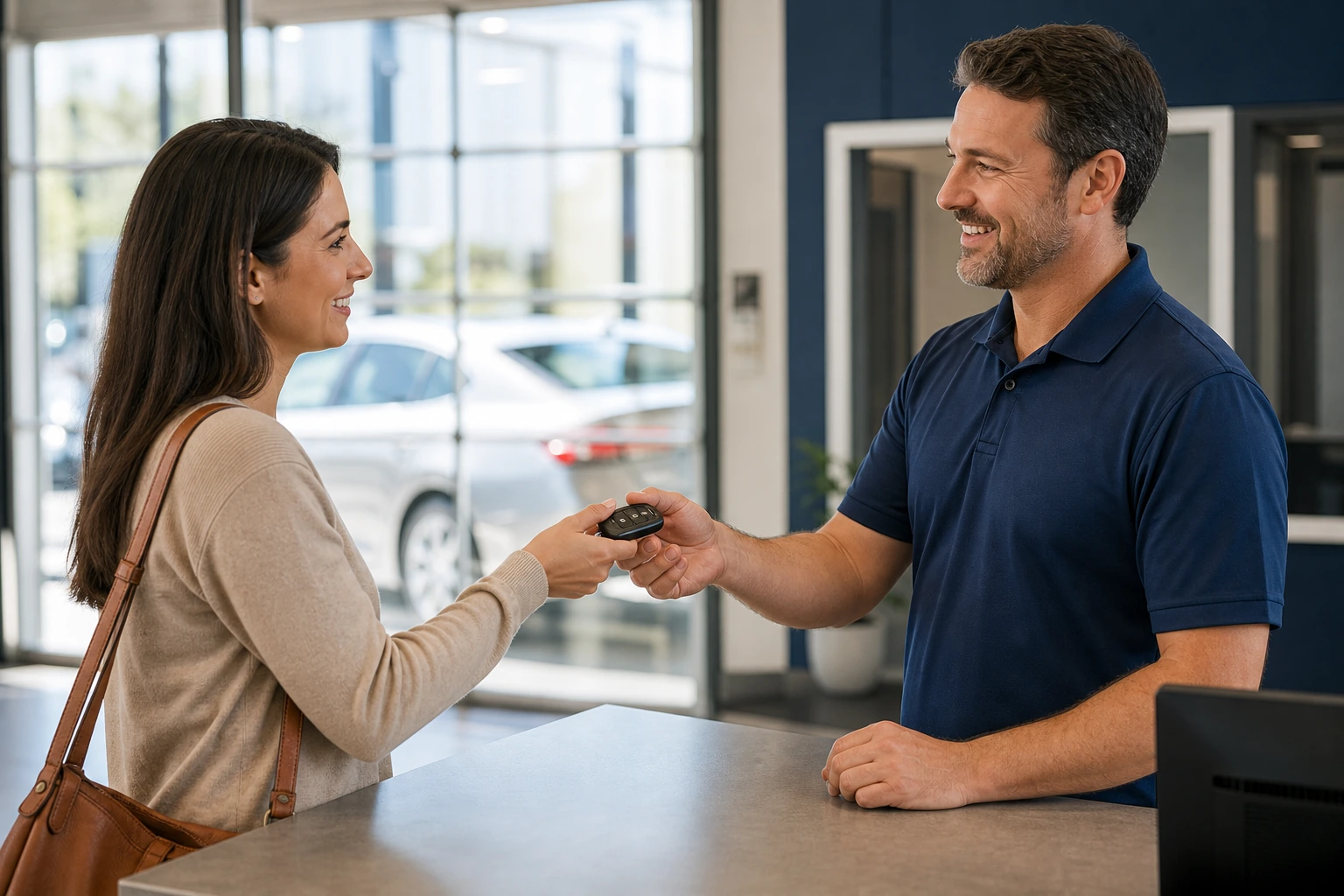 Automotive service advisor returning vehicle keys to a customer after completed service