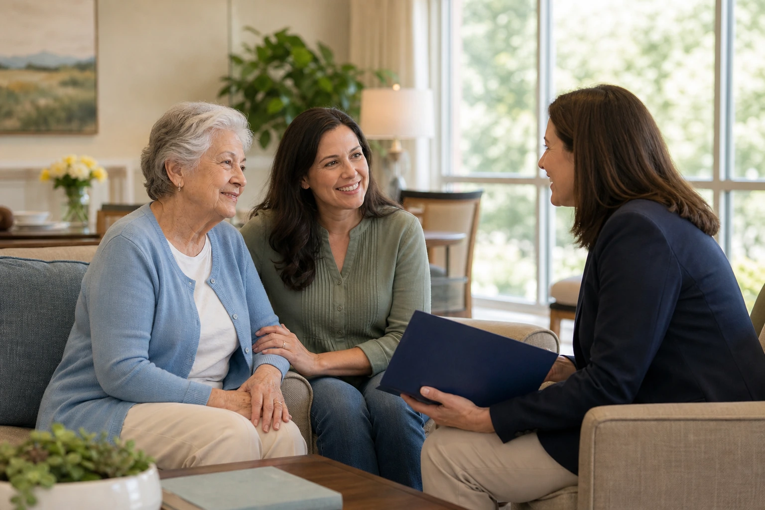 Older adult and daughter speaking with a senior living community team member in a welcoming lounge
