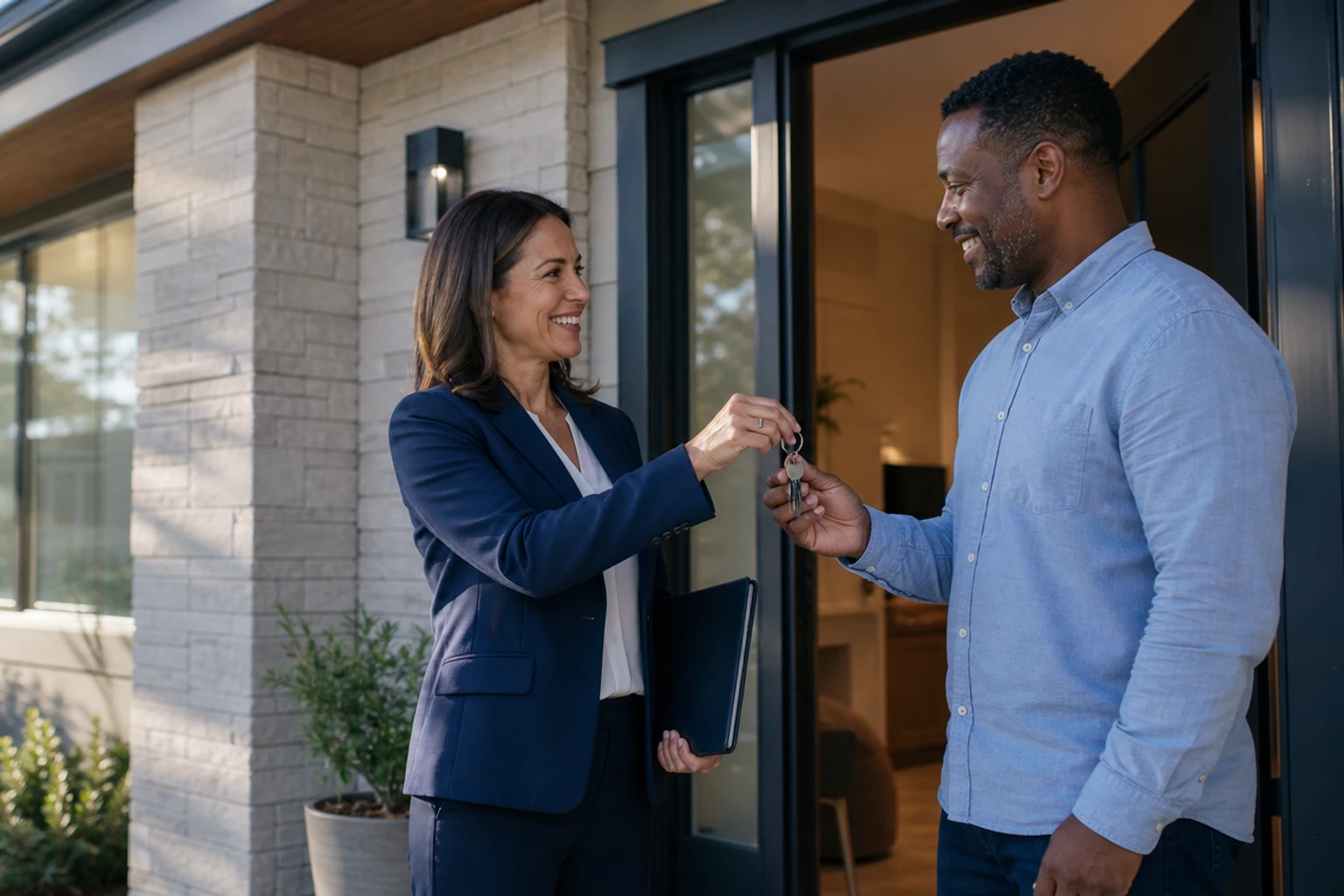 Real estate agent handing a client the keys after a completed home closing