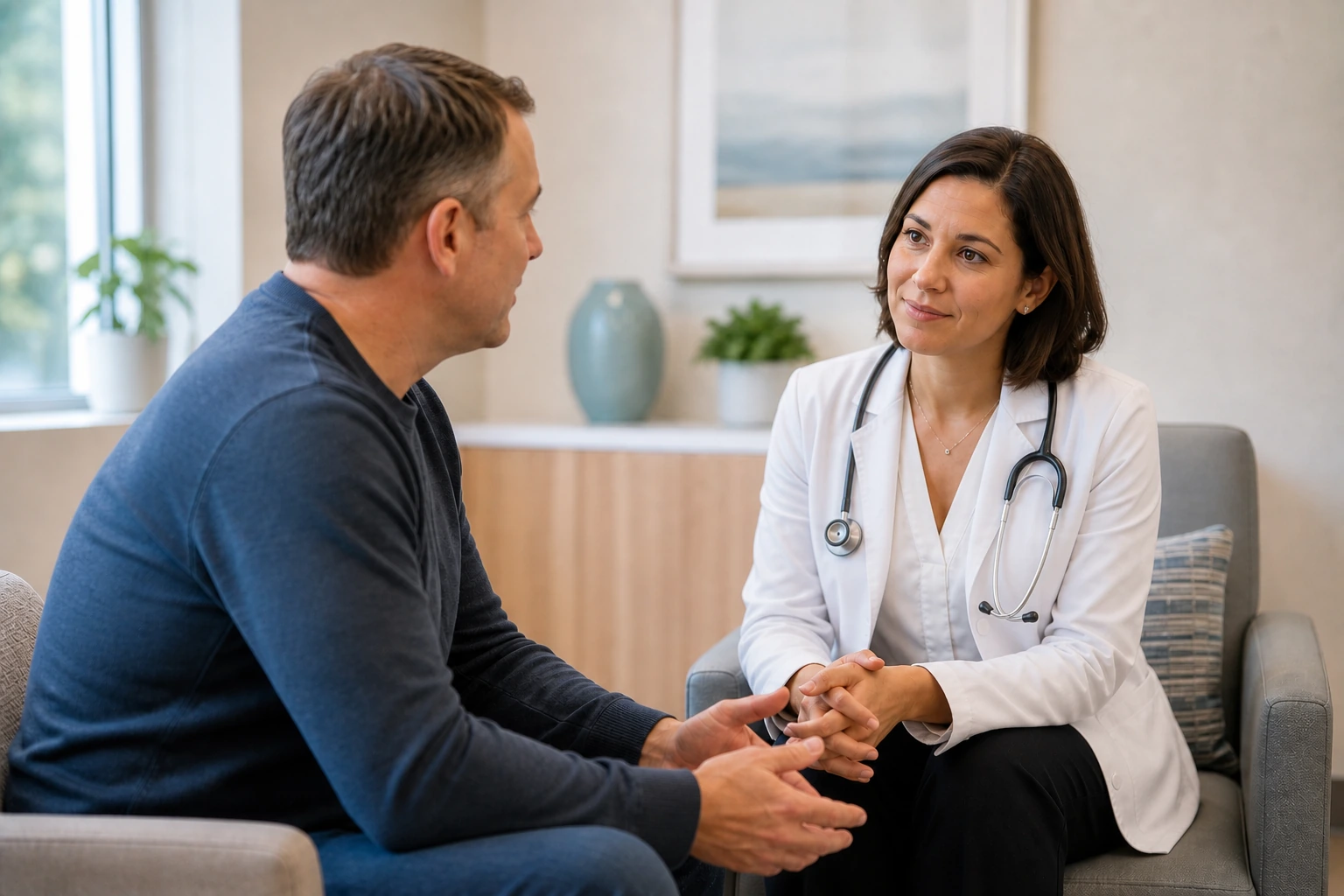 Clinician listening attentively to an adult patient in a welcoming medical practice