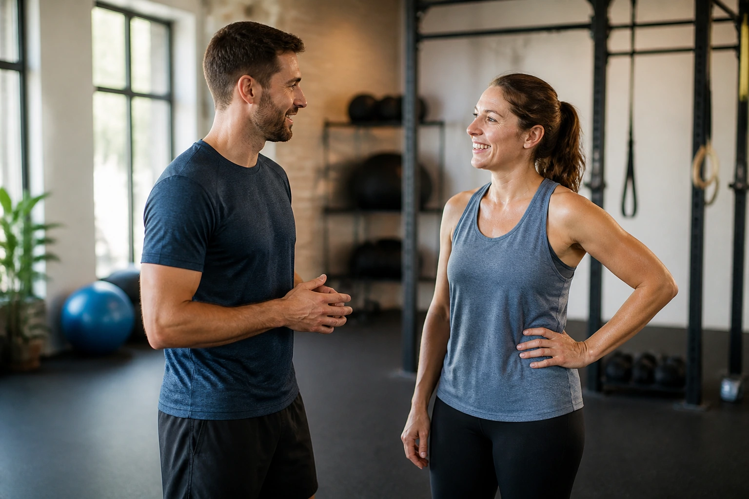 Fitness coach speaking with an adult member after a completed introductory program