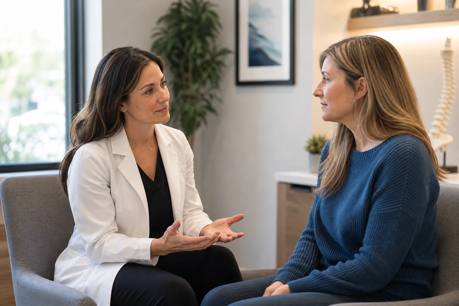 Chiropractor listening attentively to an adult patient in a welcoming chiropractic practice