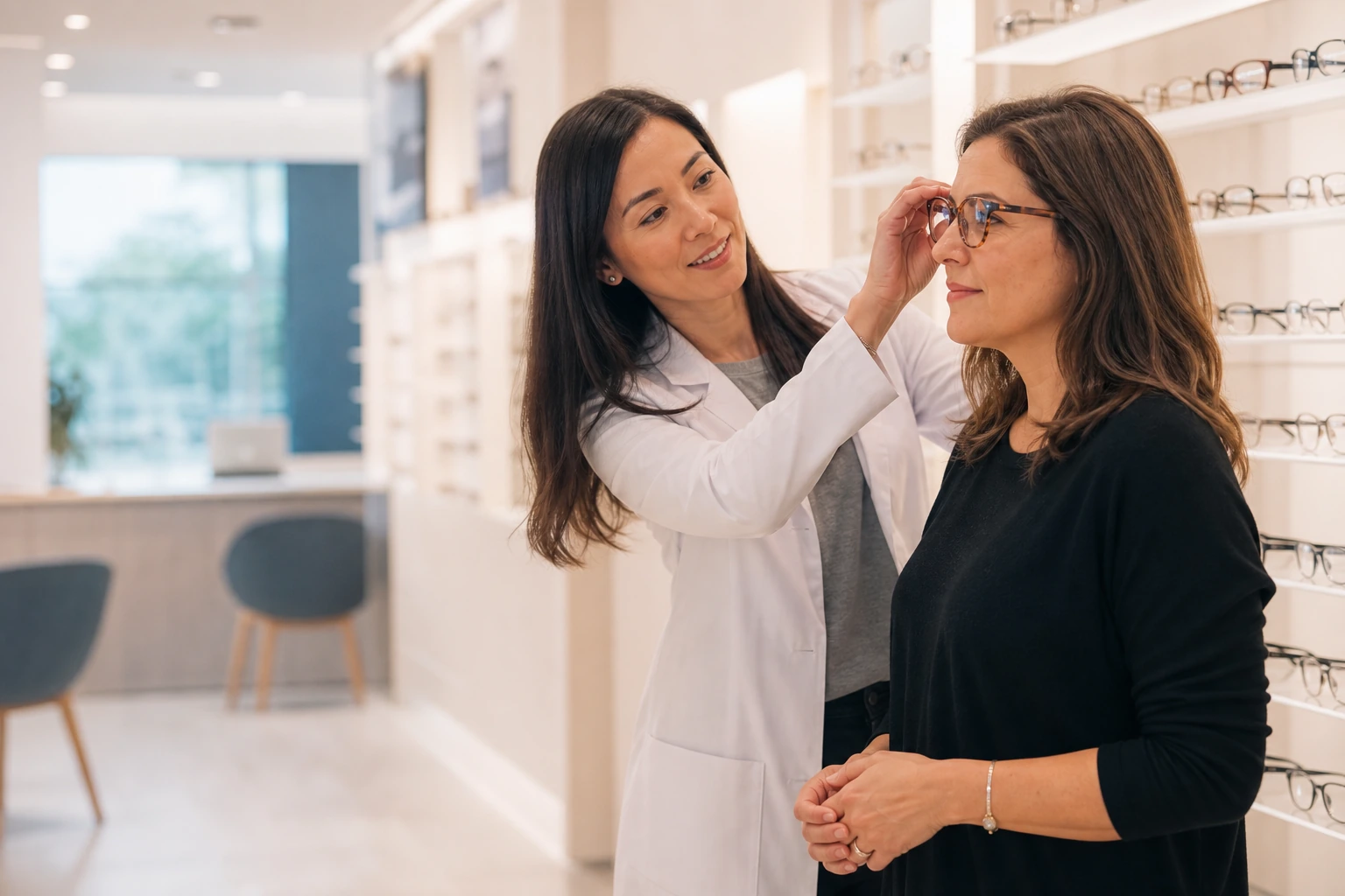 Optical professional helping a customer choose eyeglass frames in a modern retail healthcare location