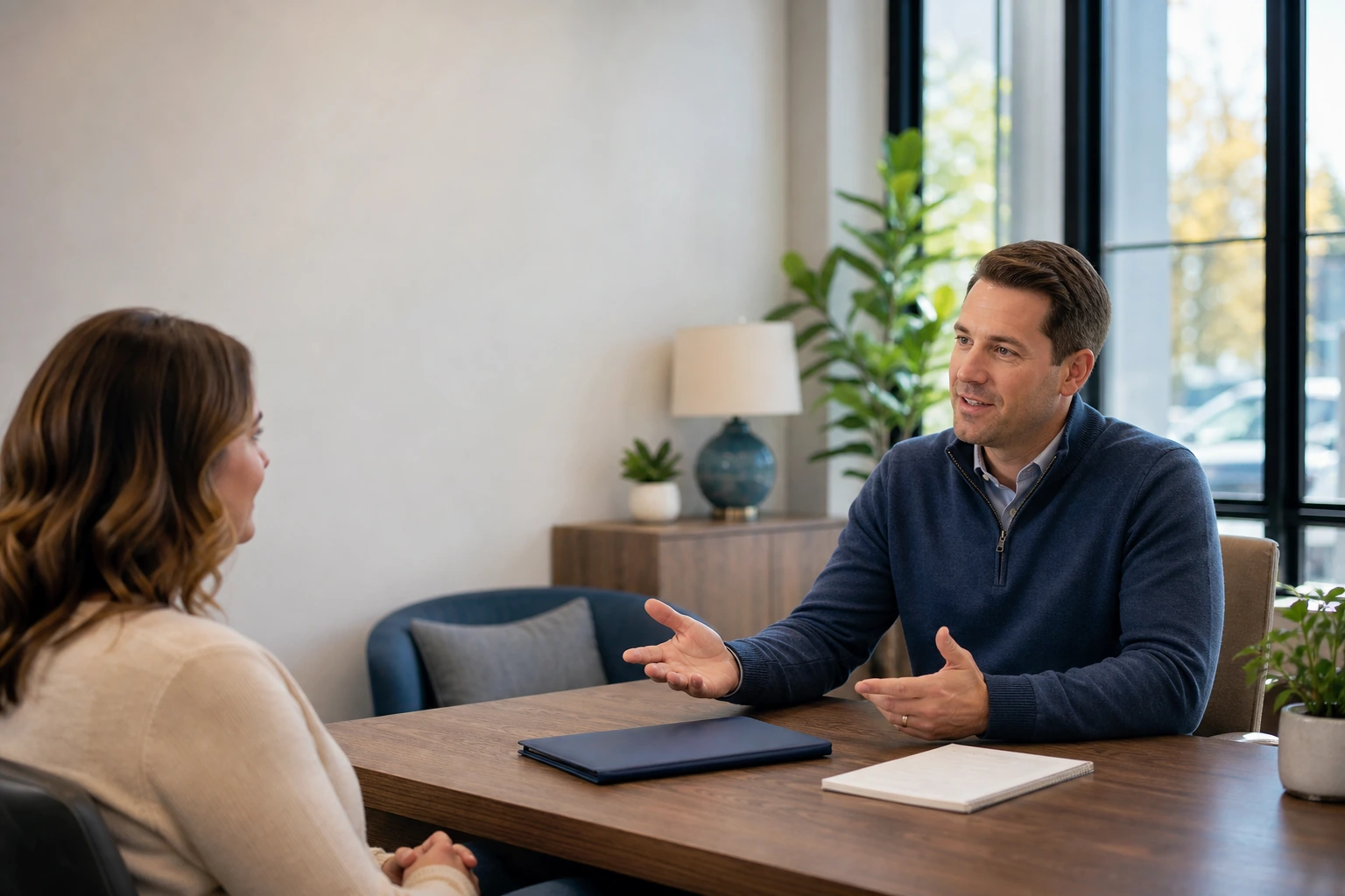 Insurance advisor having a calm, attentive conversation with a client in a welcoming local agency office