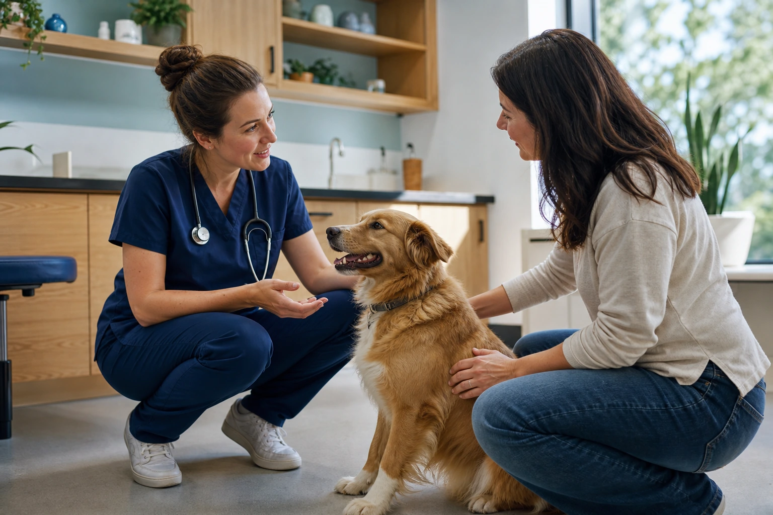 Veterinarian speaking with a pet owner beside a calm dog after a completed appointment