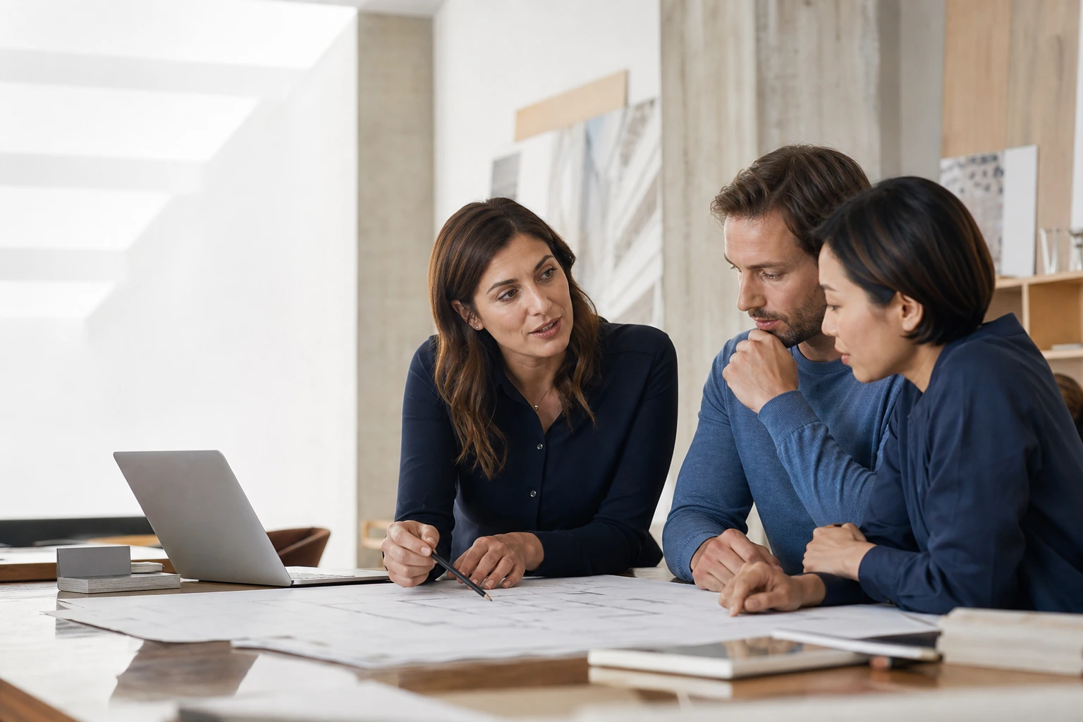Professional-services team collaborating with a client on a complex project in a modern studio