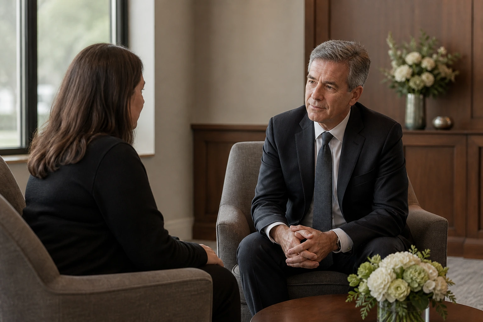 Funeral director speaking gently with an adult family member in a quiet arrangement room