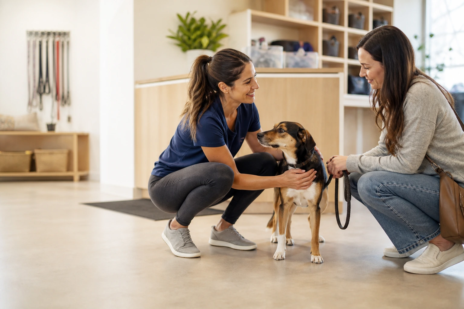 Pet-care professional welcoming a dog and its owner at a bright modern pet-services facility