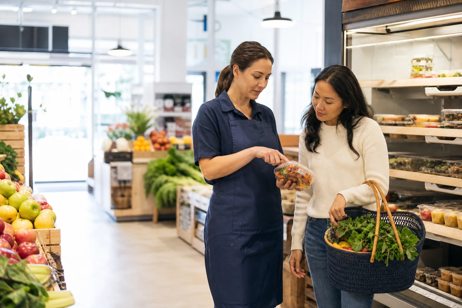 Grocery associate helping a shopper near fresh produce and prepared foods in a bright local market