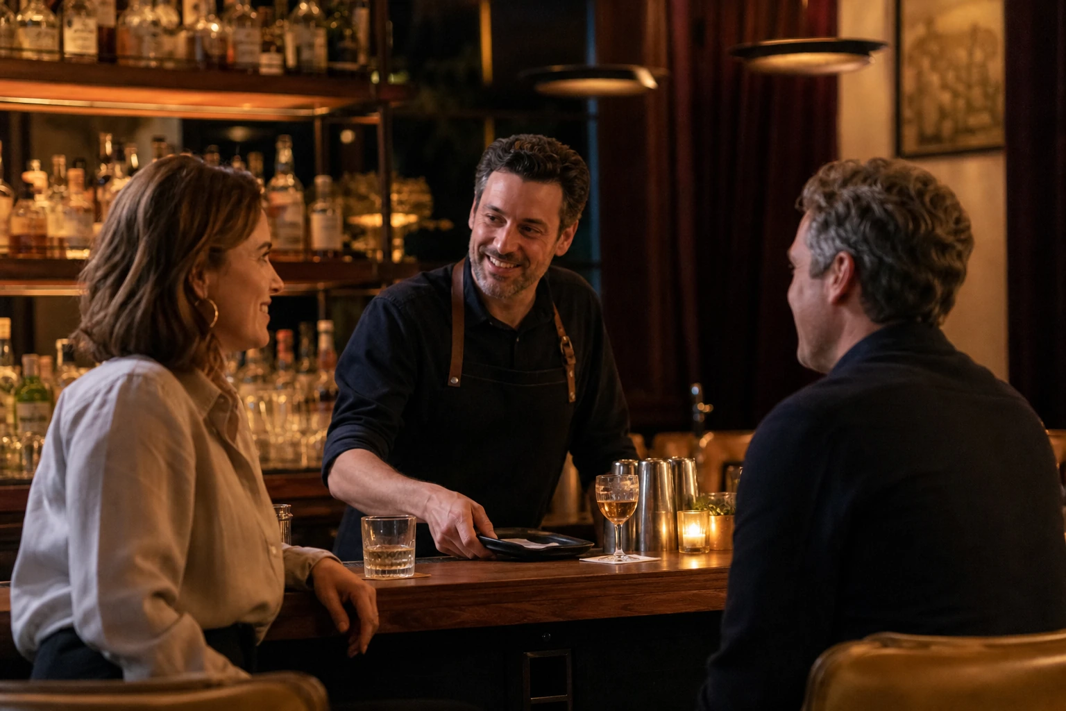 Bartender speaking warmly with adult guests at the natural end of an evening in a neighborhood cocktail bar