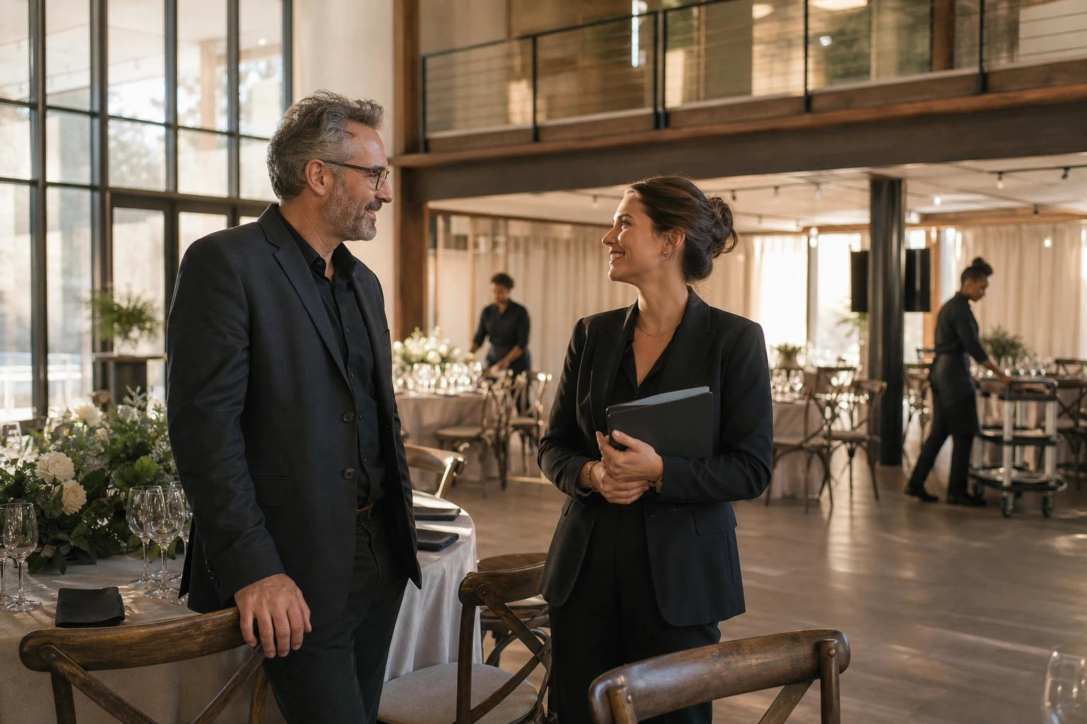 Venue manager and event planner speaking in a finished event space after a successful event