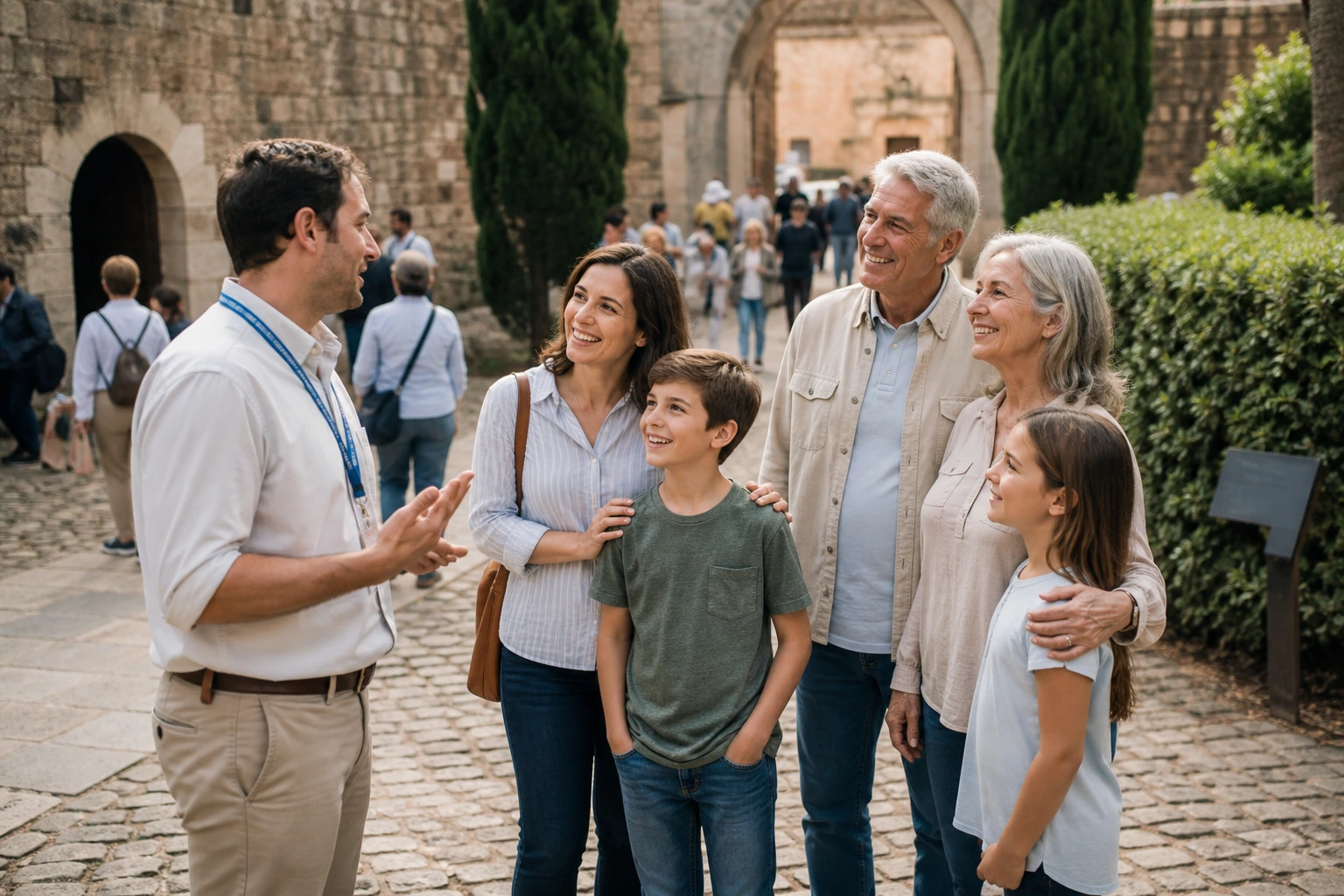 Local guide speaking with a multigenerational family after a completed visit at a cultural attraction