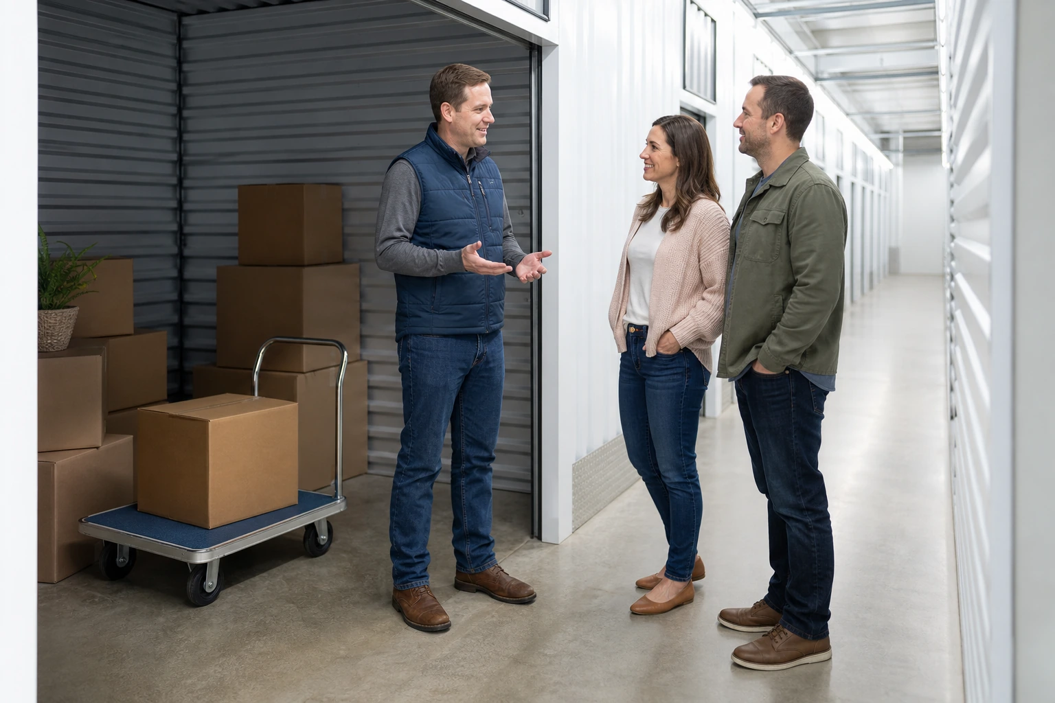 Self-storage manager helping two customers after a completed move-in setup in a clean modern facility