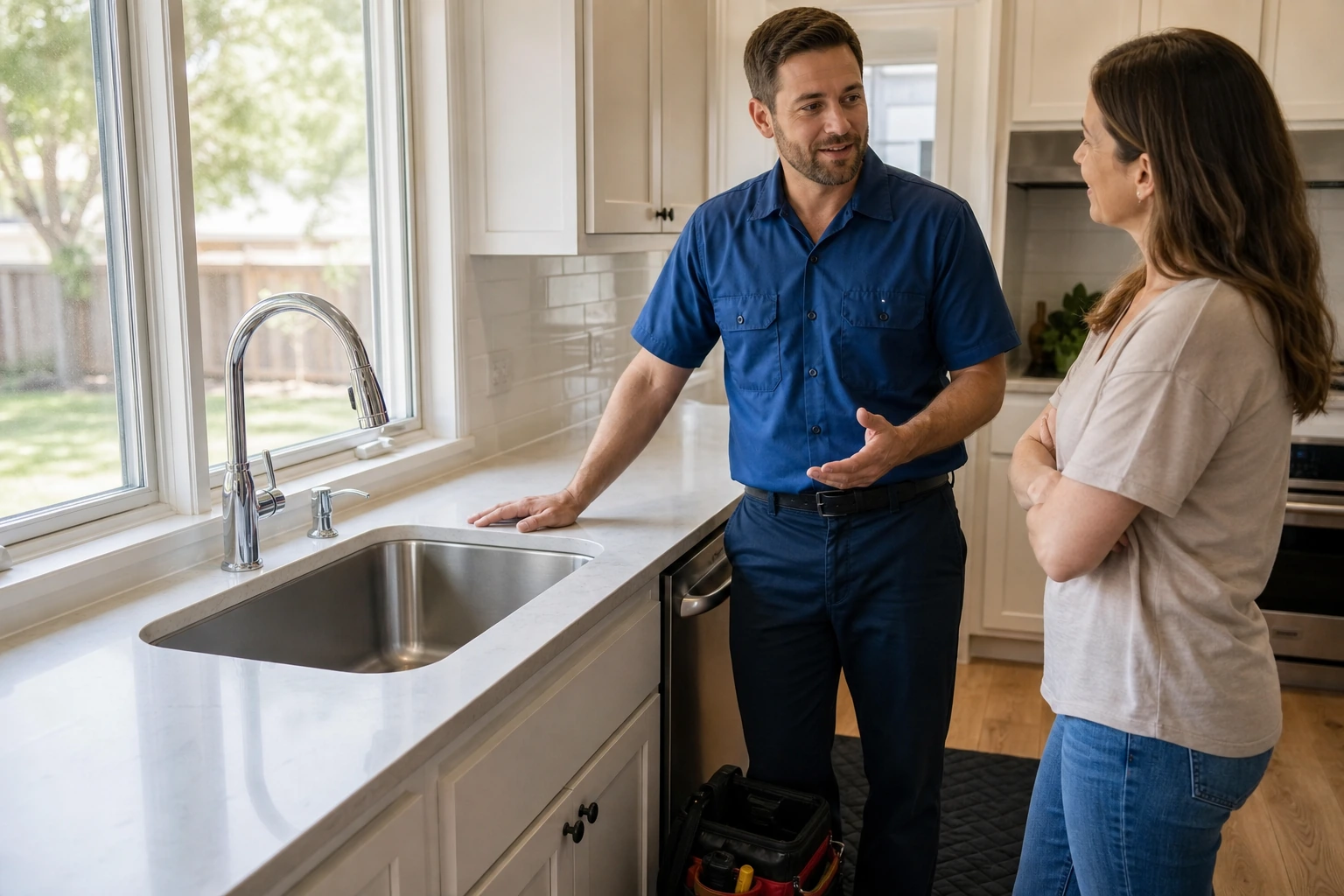Plumber and homeowner discussing a completed faucet replacement in a bright residential kitchen