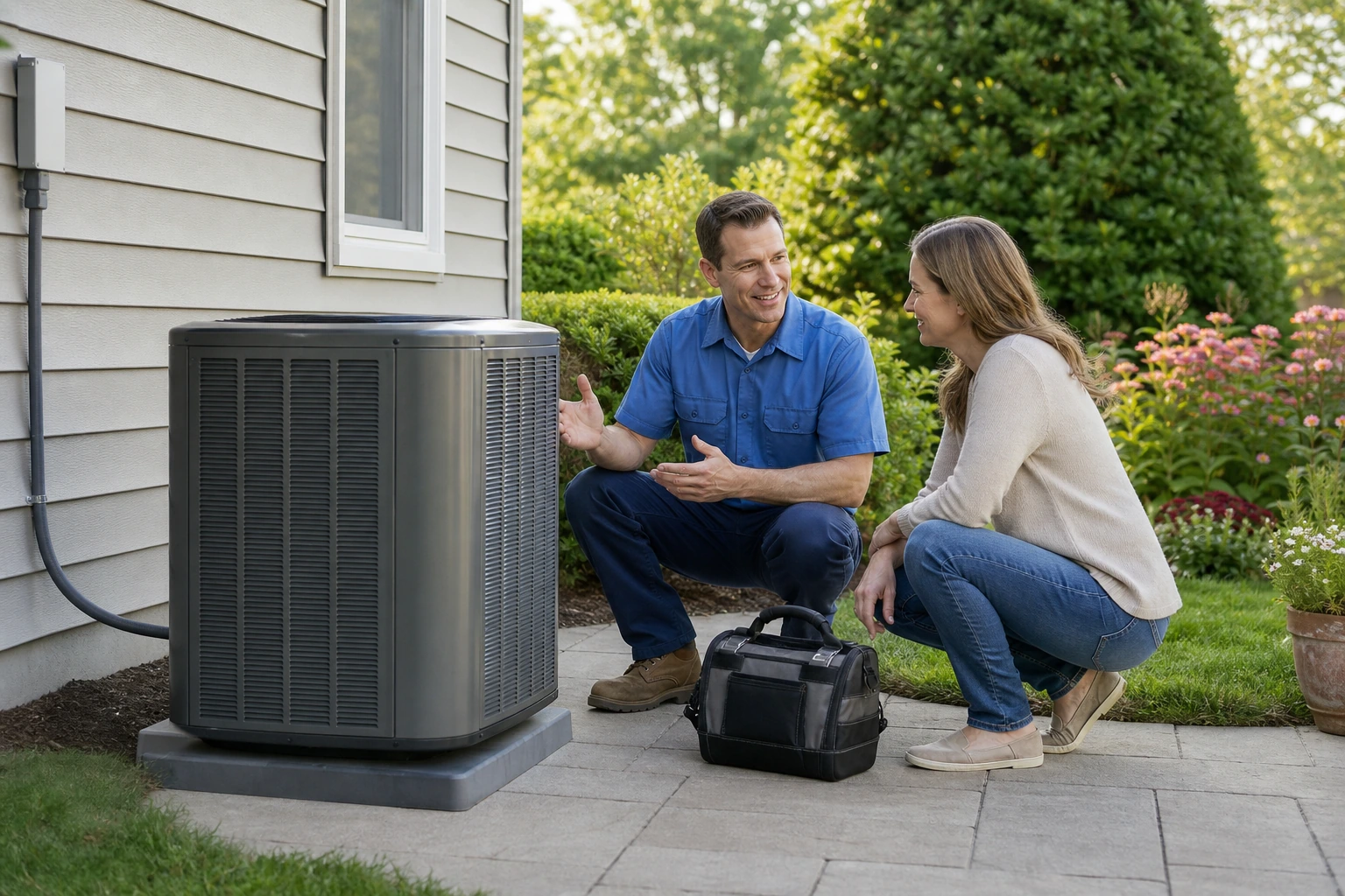 HVAC technician explaining a completed heat-pump maintenance visit to a homeowner beside a residential outdoor unit