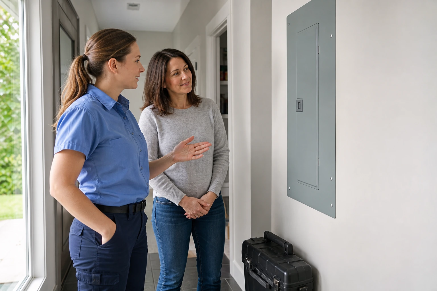Electrician and homeowner reviewing completed work beside a safely closed residential electrical panel