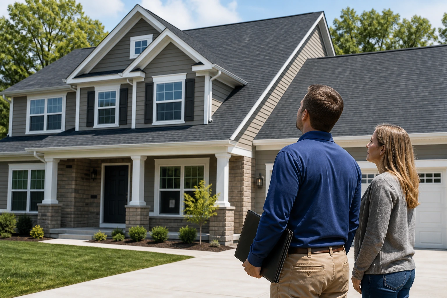 Roofing contractor and homeowner discussing a finished shingle roof from a safe position on the driveway