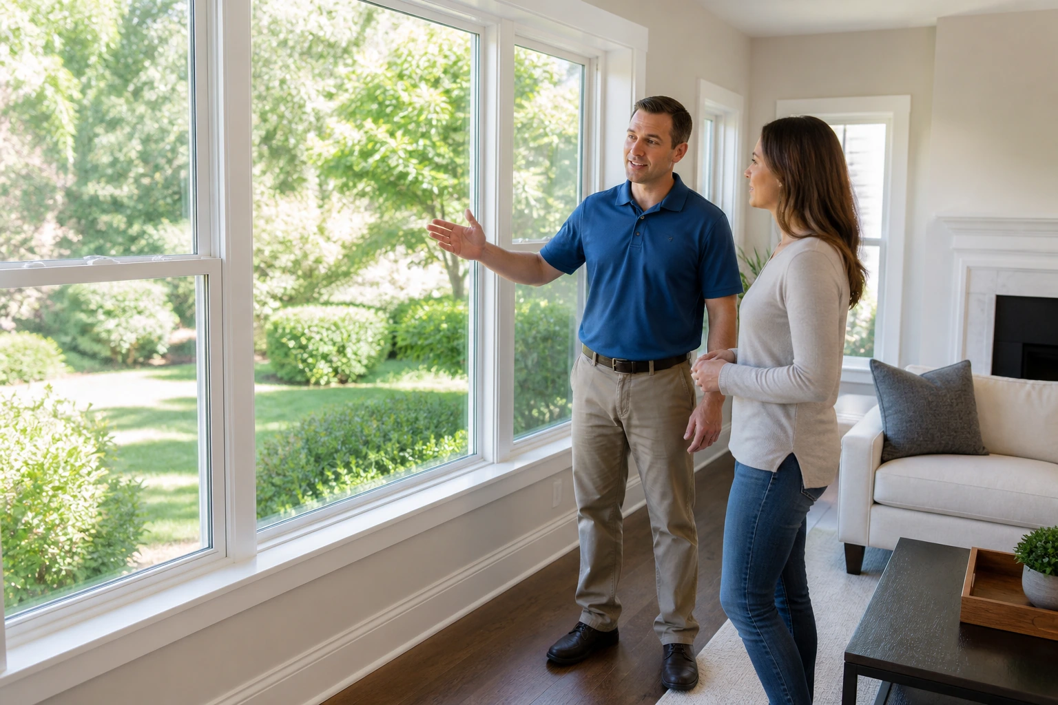 Window installer demonstrating a newly installed living-room window to a homeowner