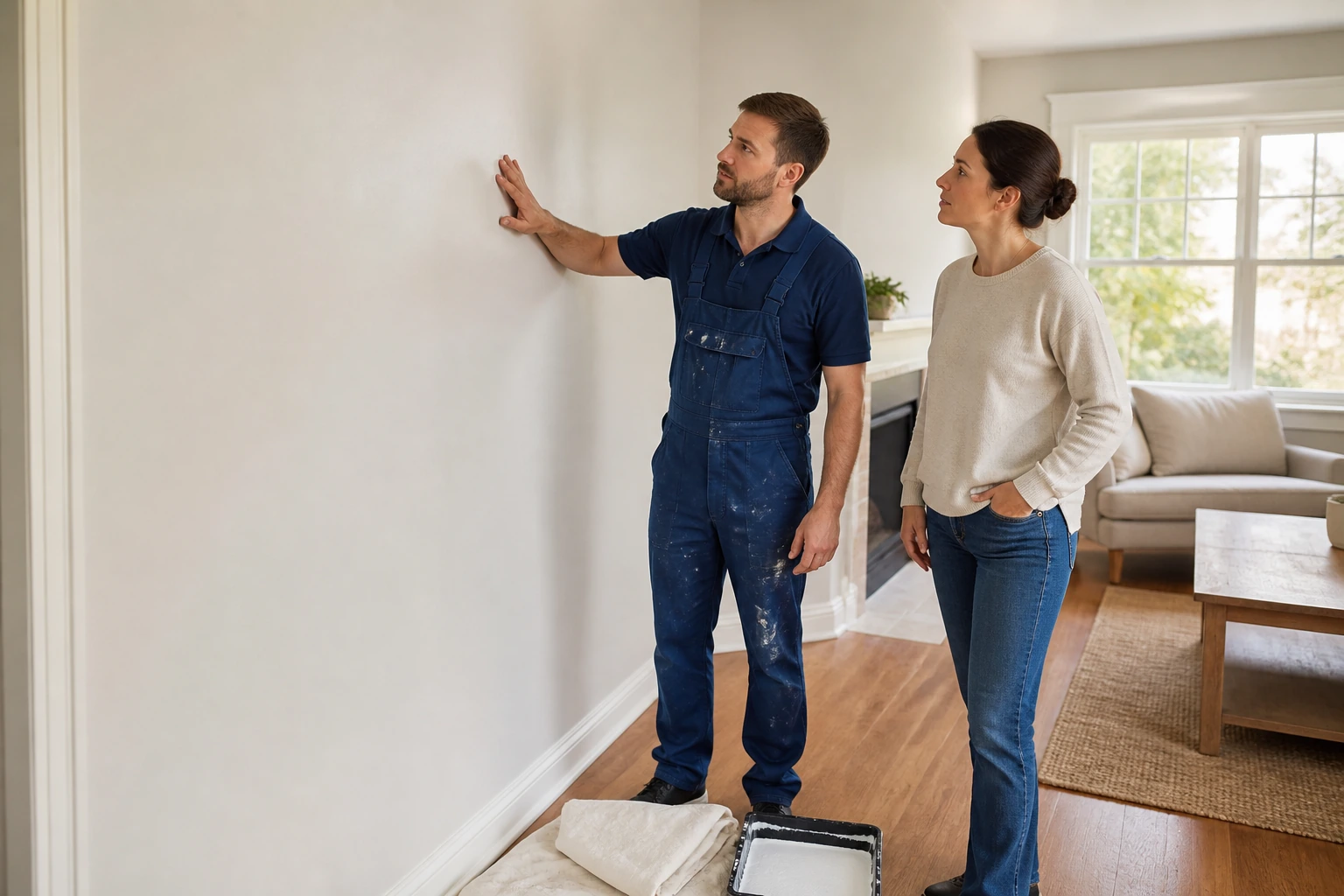 House painter and homeowner inspecting the finish on a freshly painted living-room wall