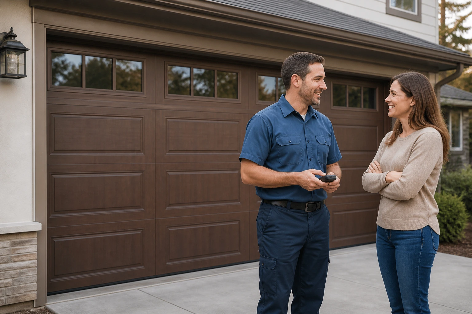Garage-door technician and homeowner discussing completed service beside a closed residential garage door
