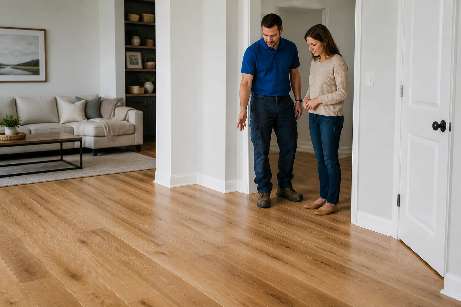 Flooring installer and homeowner reviewing a newly installed wood floor in a bright living room