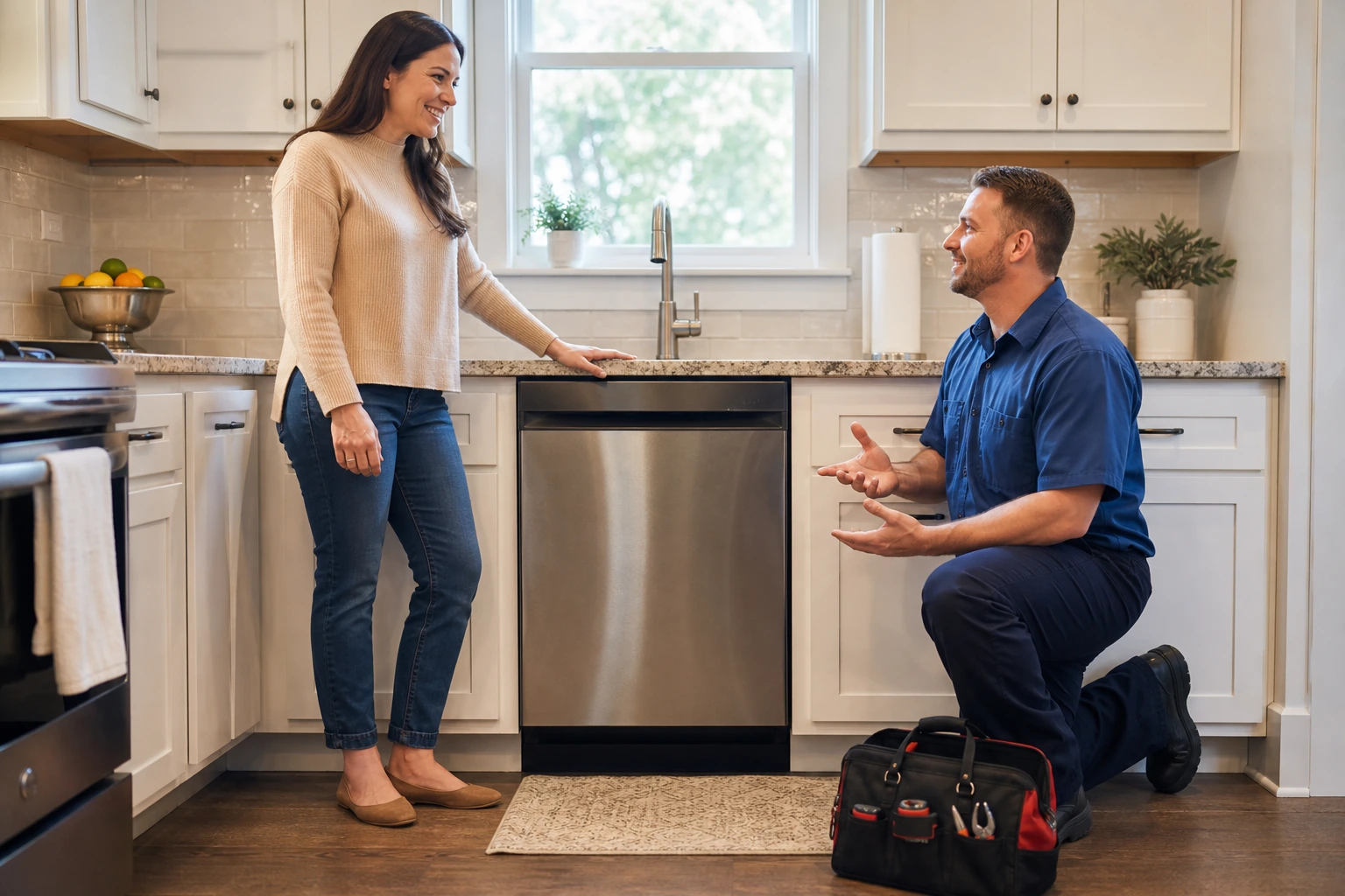 Appliance technician explaining a completed dishwasher repair to a homeowner in a tidy kitchen