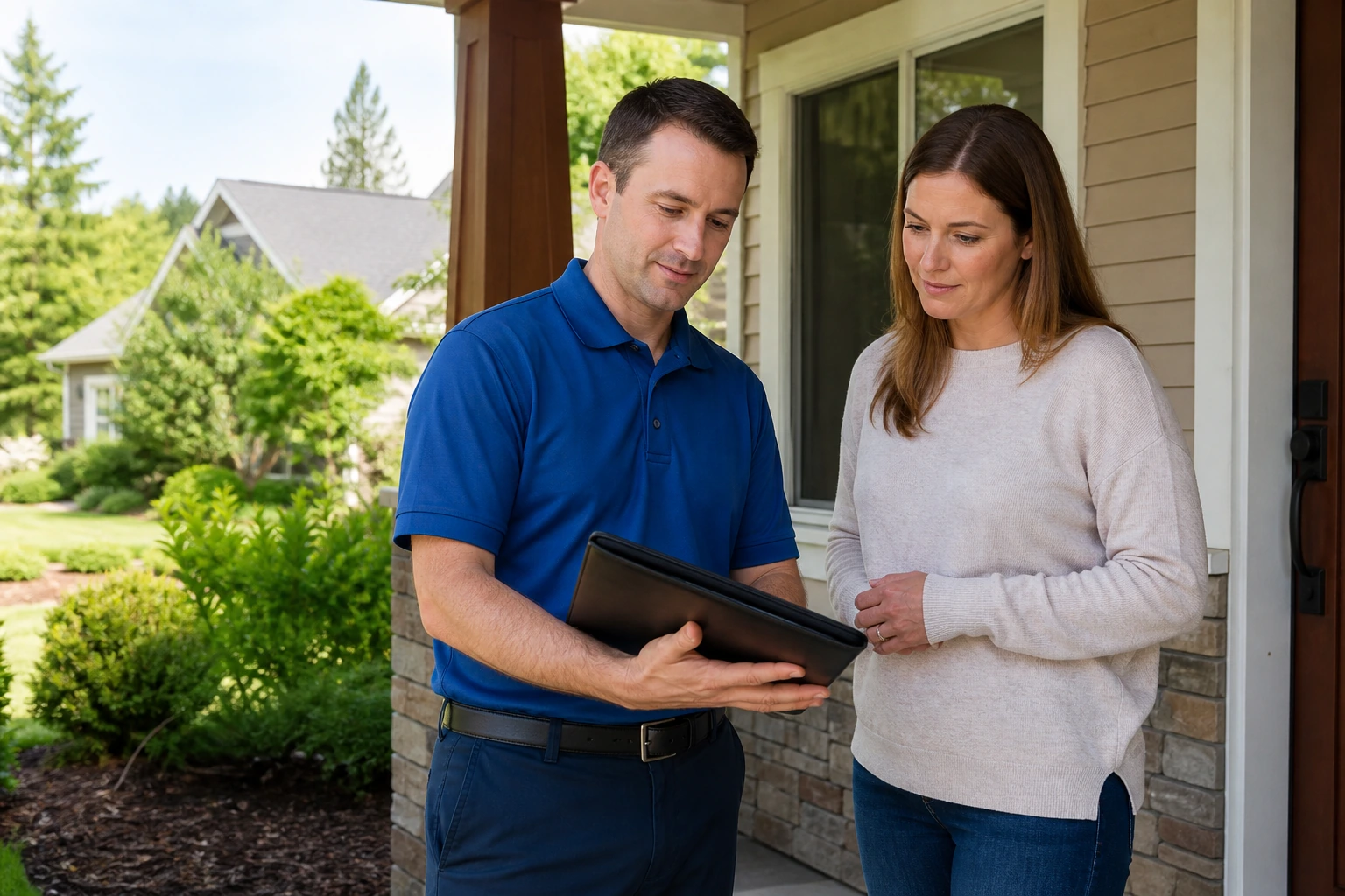 Pest-control technician discussing completed service notes with a homeowner outside a residential entrance