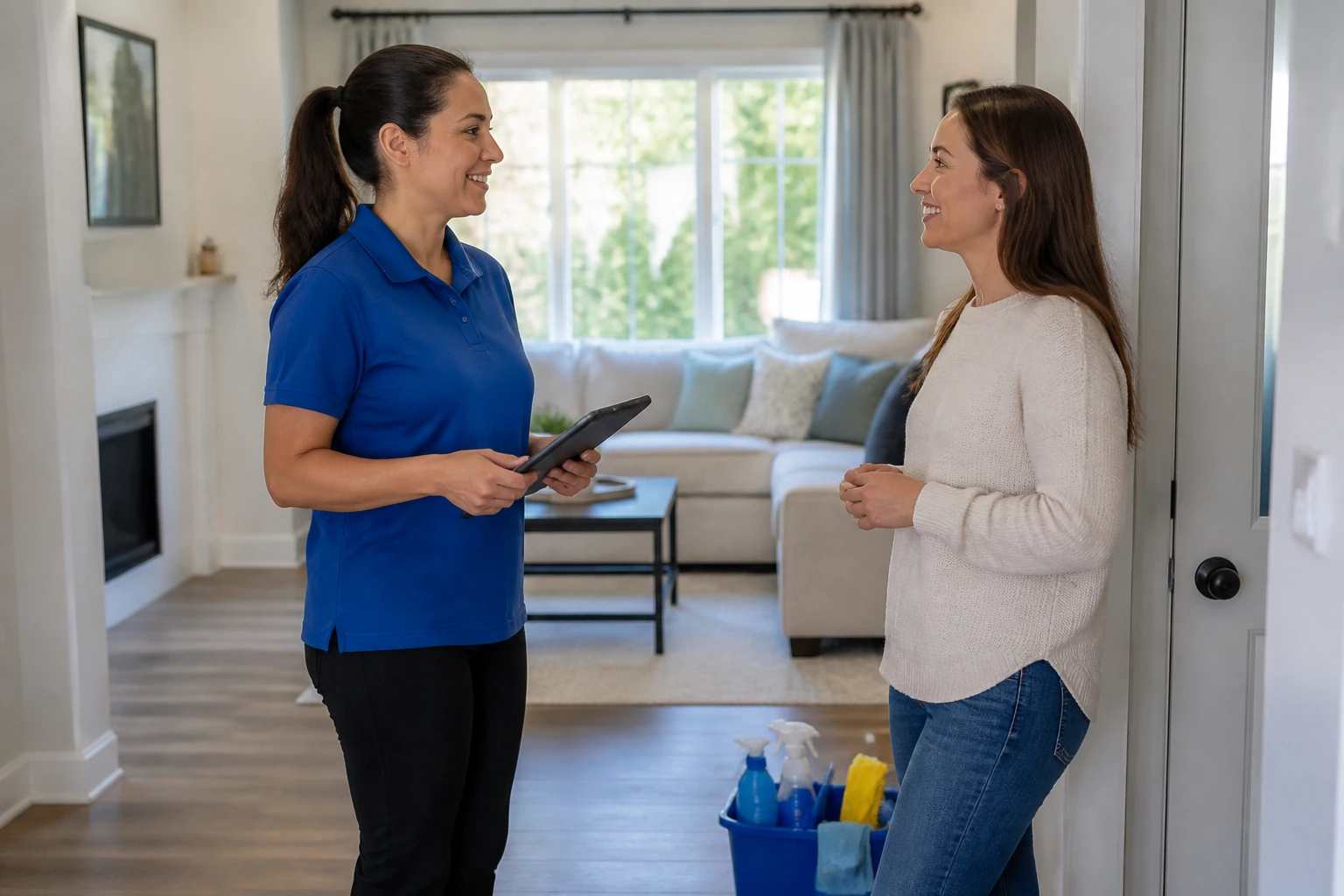 Home-cleaning professional and homeowner reviewing a completed clean in a bright living area