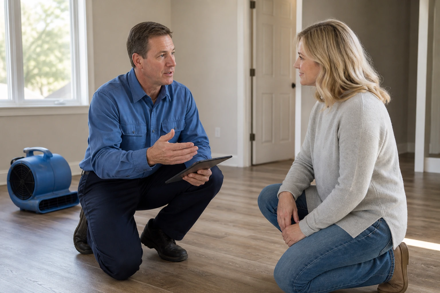 Restoration project manager and homeowner reviewing a completed mitigation handover in a clean residential room