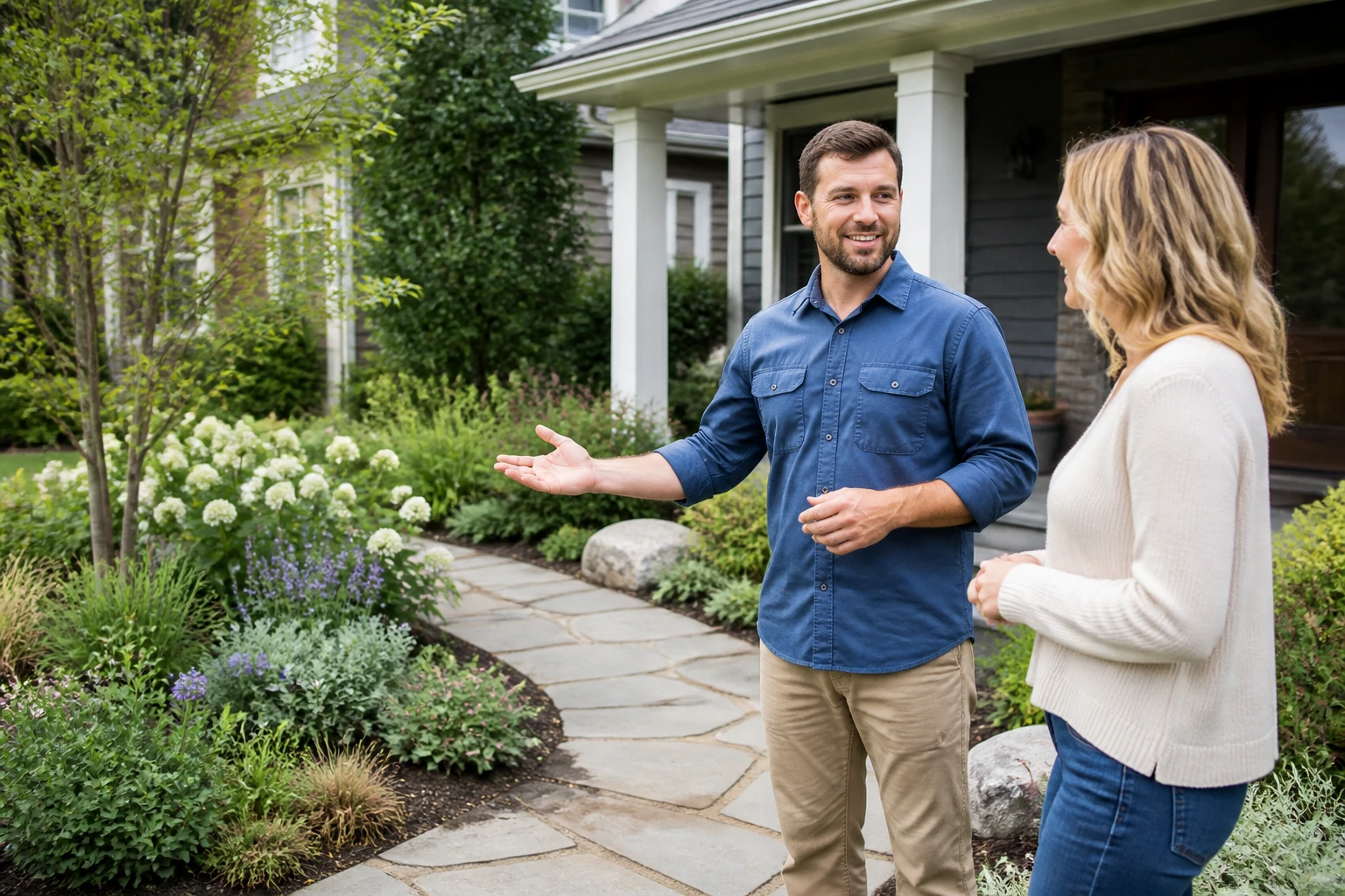 Landscape designer and homeowner discussing a completed front-garden installation with natural planting