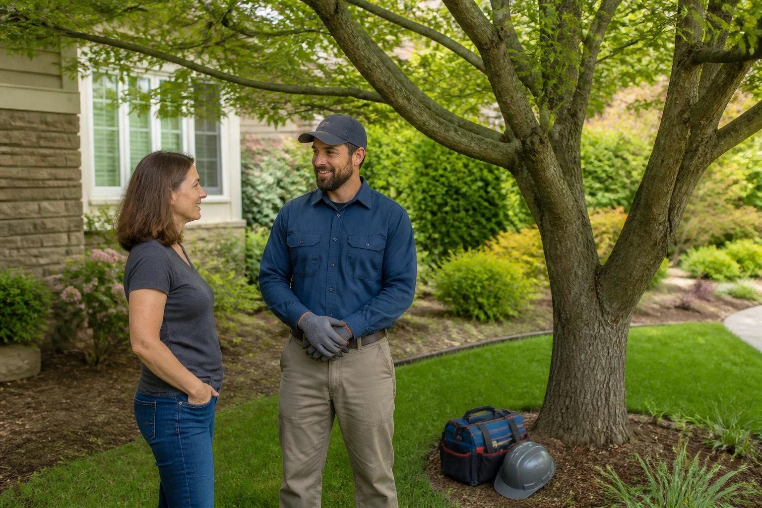 Tree-care professional and homeowner discussing completed pruning from a safe position in a landscaped garden