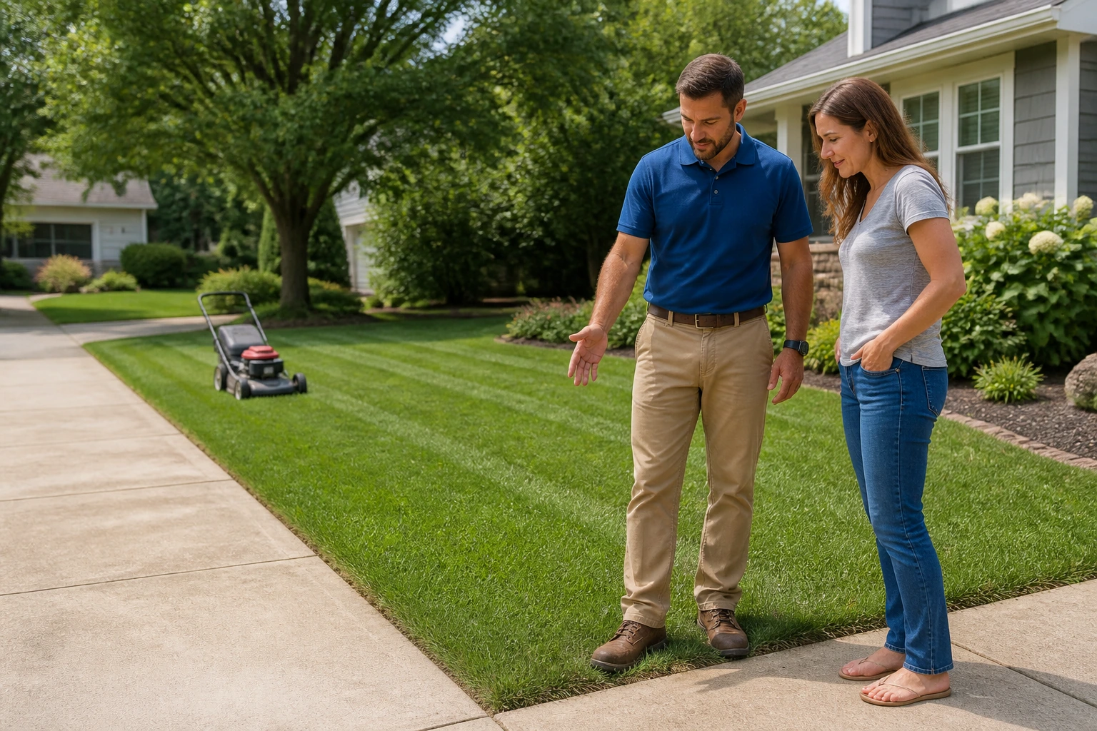 Lawn-care crew lead and homeowner reviewing a neatly mowed and edged residential lawn
