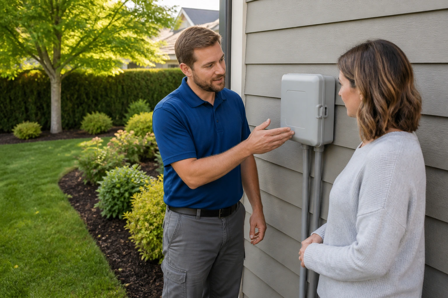 Irrigation technician demonstrating a residential sprinkler controller to a homeowner beside a tidy garden