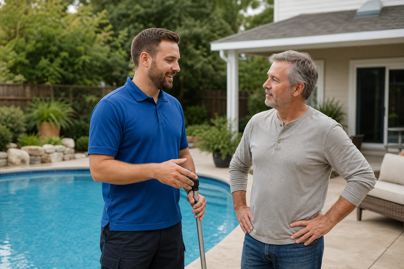 Pool-service technician and homeowner discussing completed maintenance beside a clean residential swimming pool