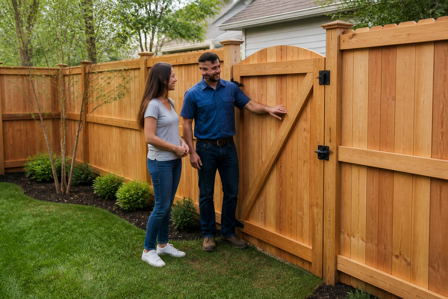 Fence installer and homeowner reviewing a finished backyard fence and pedestrian gate